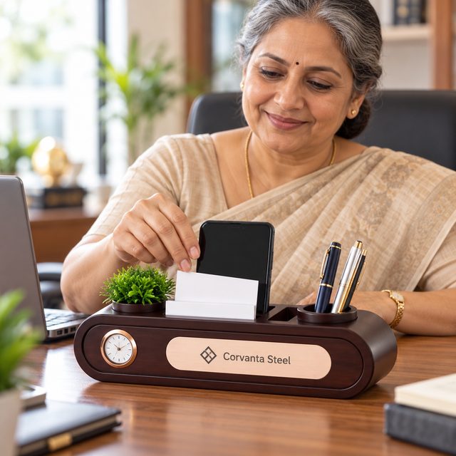 Wooden Desk Organiser with Analog Clock, Phone & Card Slots, customised with a company logo