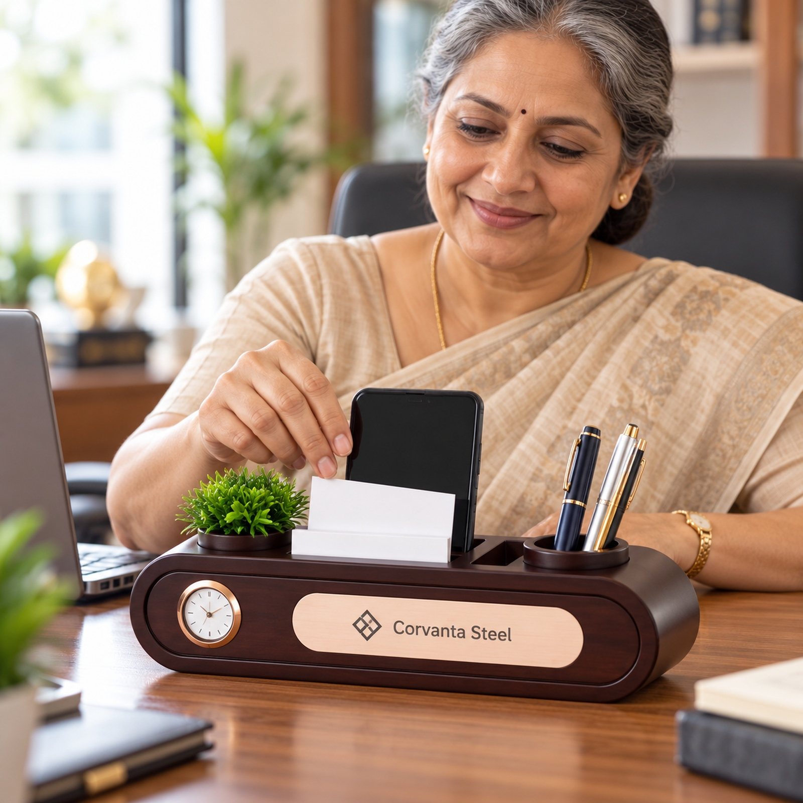 Click to zoom Wooden Desk Organiser with Analog Clock, Phone & Card Slots, customised with a company logo