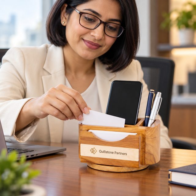 Round Wooden Desk Organiser with Phone, Pen & Card Pocket, customised with a company logo