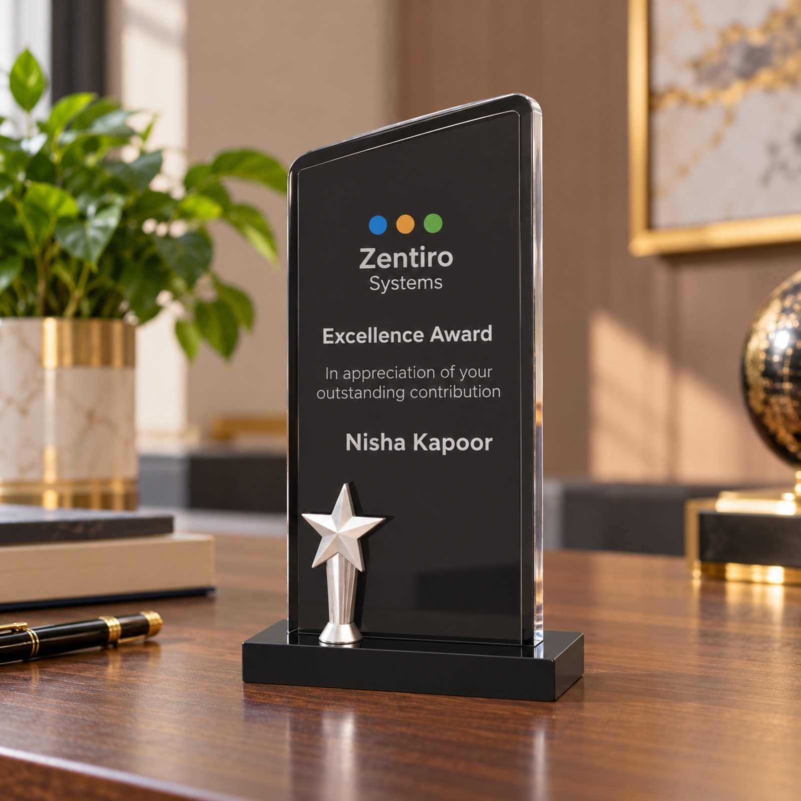 Click to zoom Black Acrylic Award with Silver Star Figure, customised with a company logo