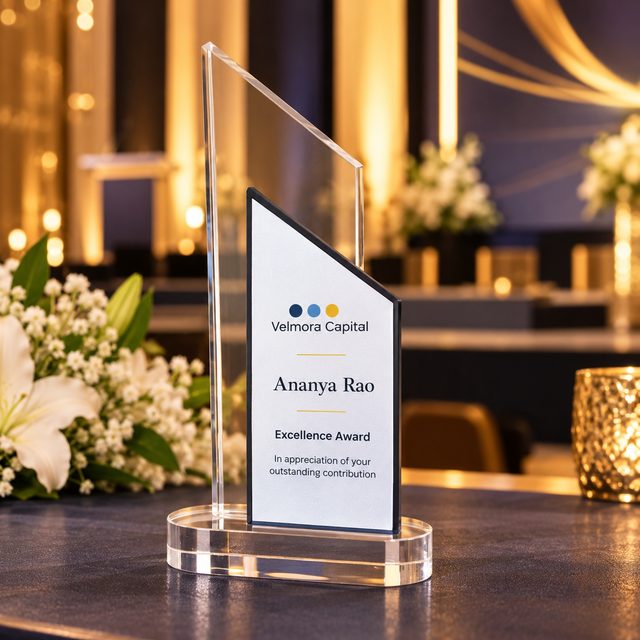 Tall Glass Award with Angled Fin, customised with a company logo