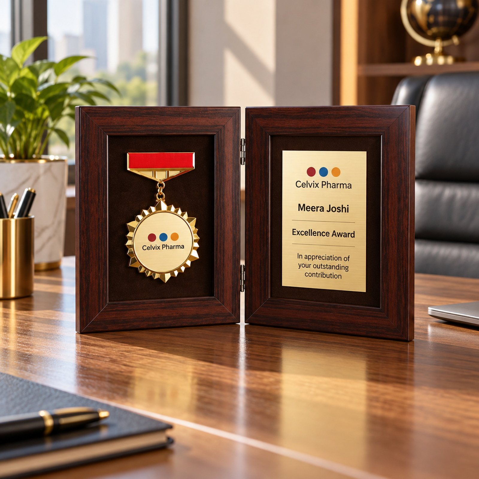 Click to zoom Folding Medal & Certificate Frame, customised with a company logo