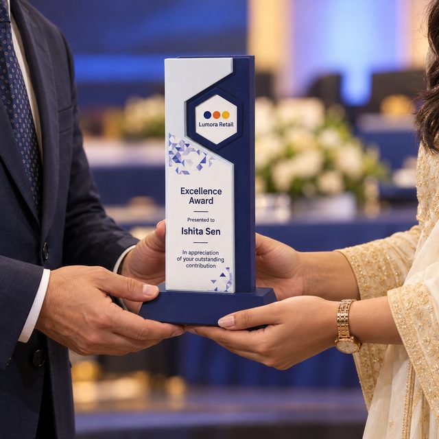 Navy & White Wooden Award with Hexagon Badge, customised with a company logo