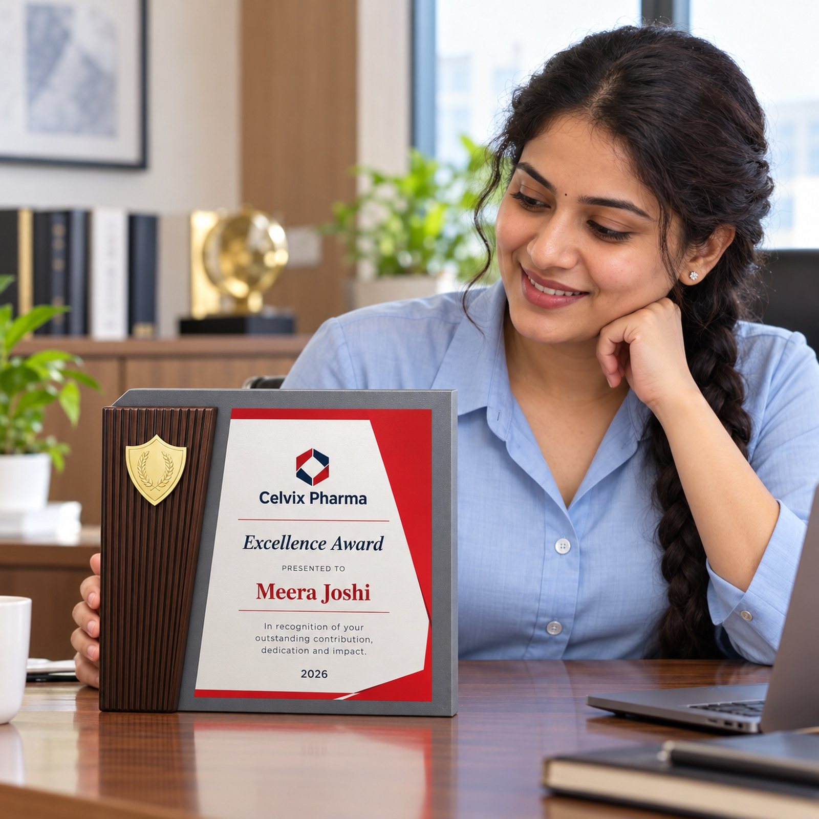 Wooden Plaque with Shield & Printed Panel, customised with a company logo
