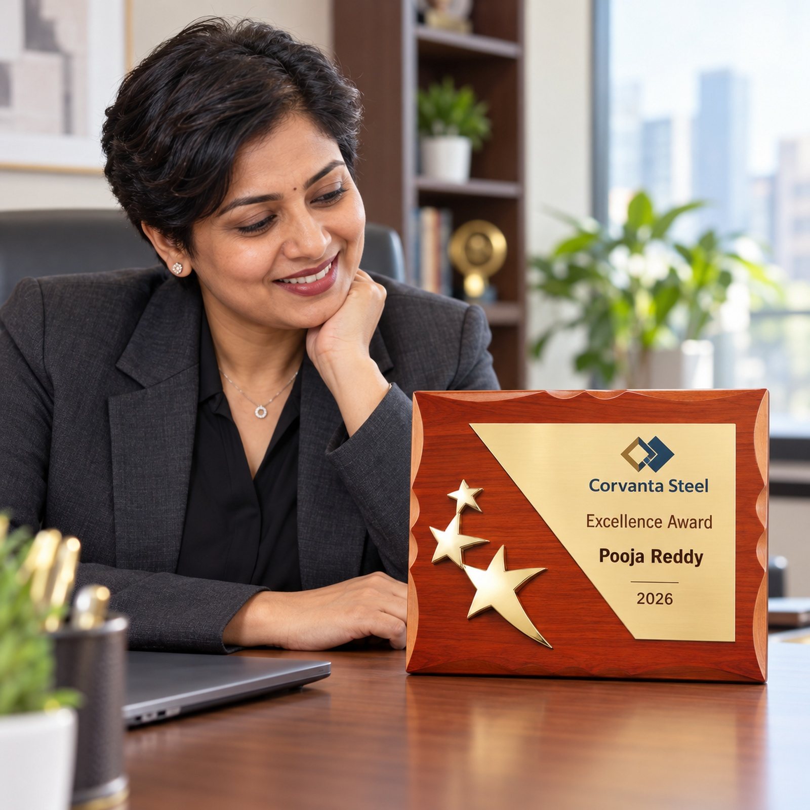 Click to zoom Wooden Plaque with Gold Plate & Stars, customised with a company logo