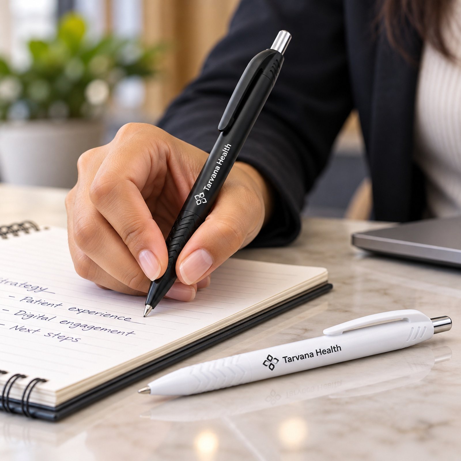 Click to zoom Push-Button Pen (Black, White) in Black, customised with a company logo