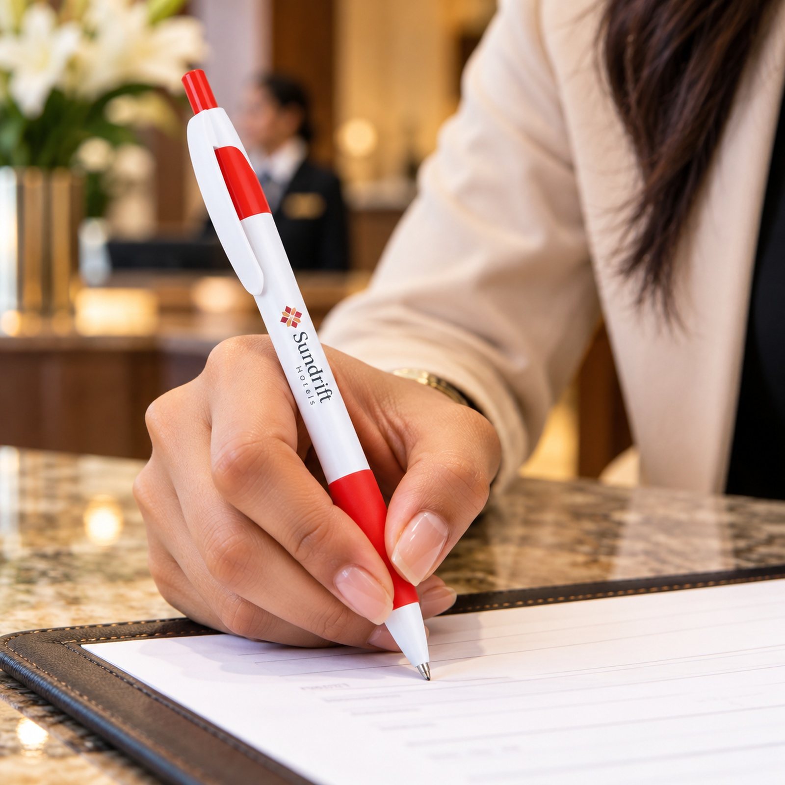 White & Colour Grip Pen (Red, Blue) in Red, customised with a company logo