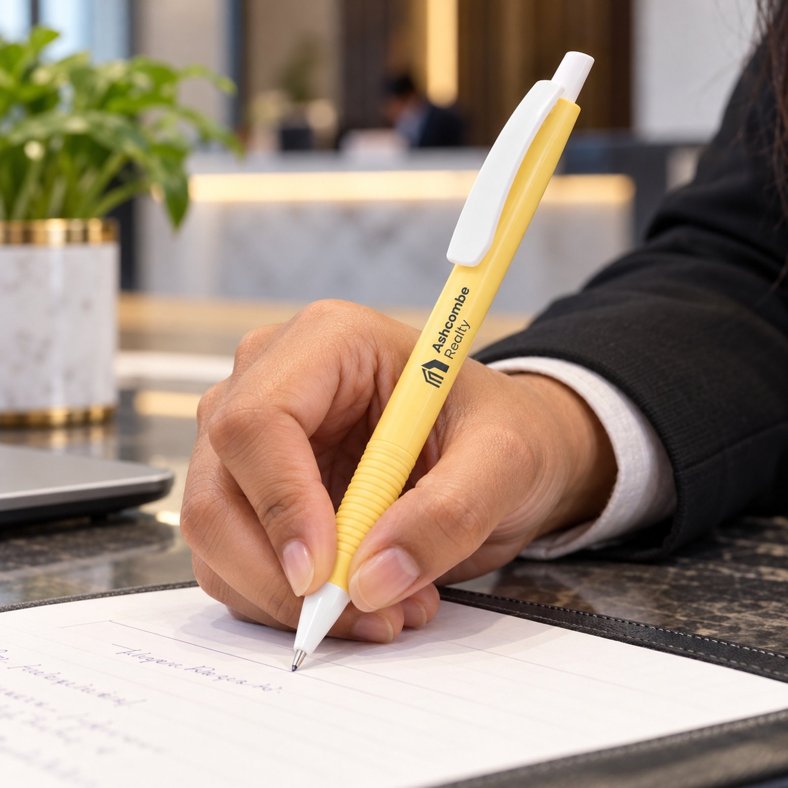 Click to zoom Yellow Push-Button Pen, customised with a company logo