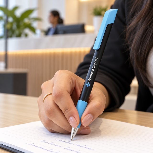 Black Pen with Colour Accents (Blue, Green) in Blue, customised with a company logo