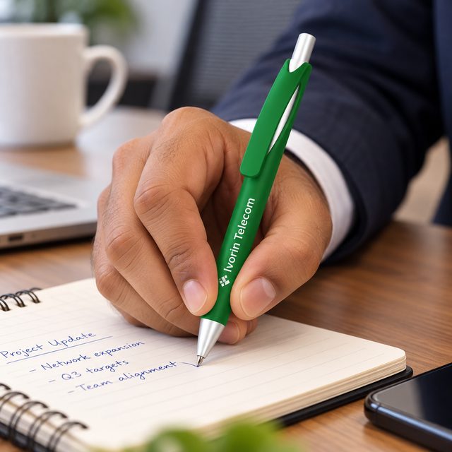 Sculpted-Clip Click Pen (Green, Blue) in Green, customised with a company logo