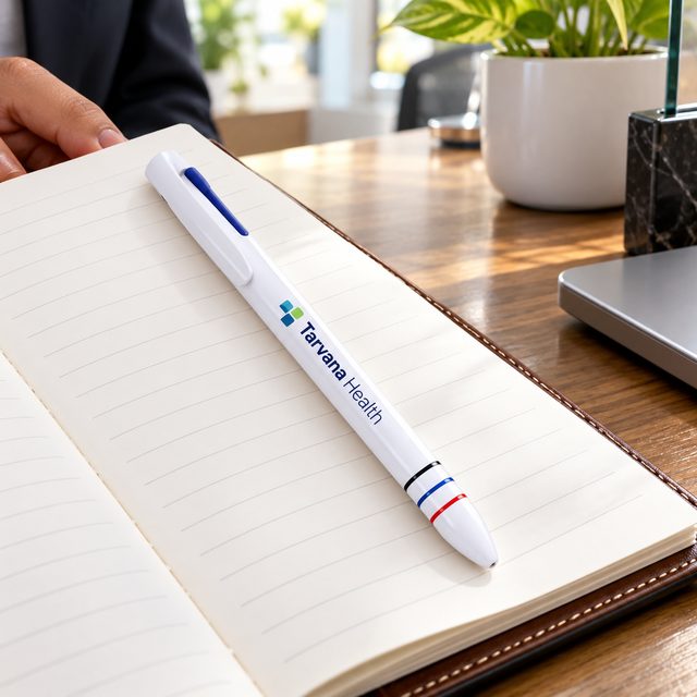 White Pen with Tricolour Rings, customised with a company logo