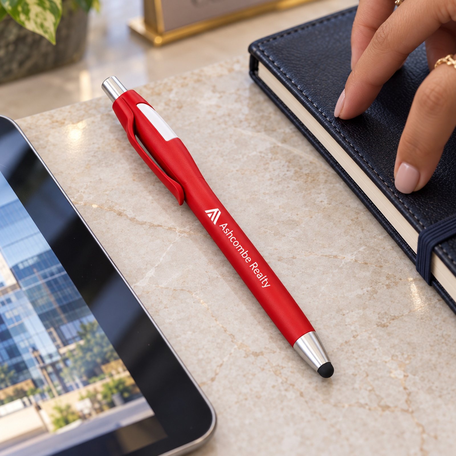 Click to zoom Stylus Click Pen (Red, Blue, Black) in Red, customised with a company logo