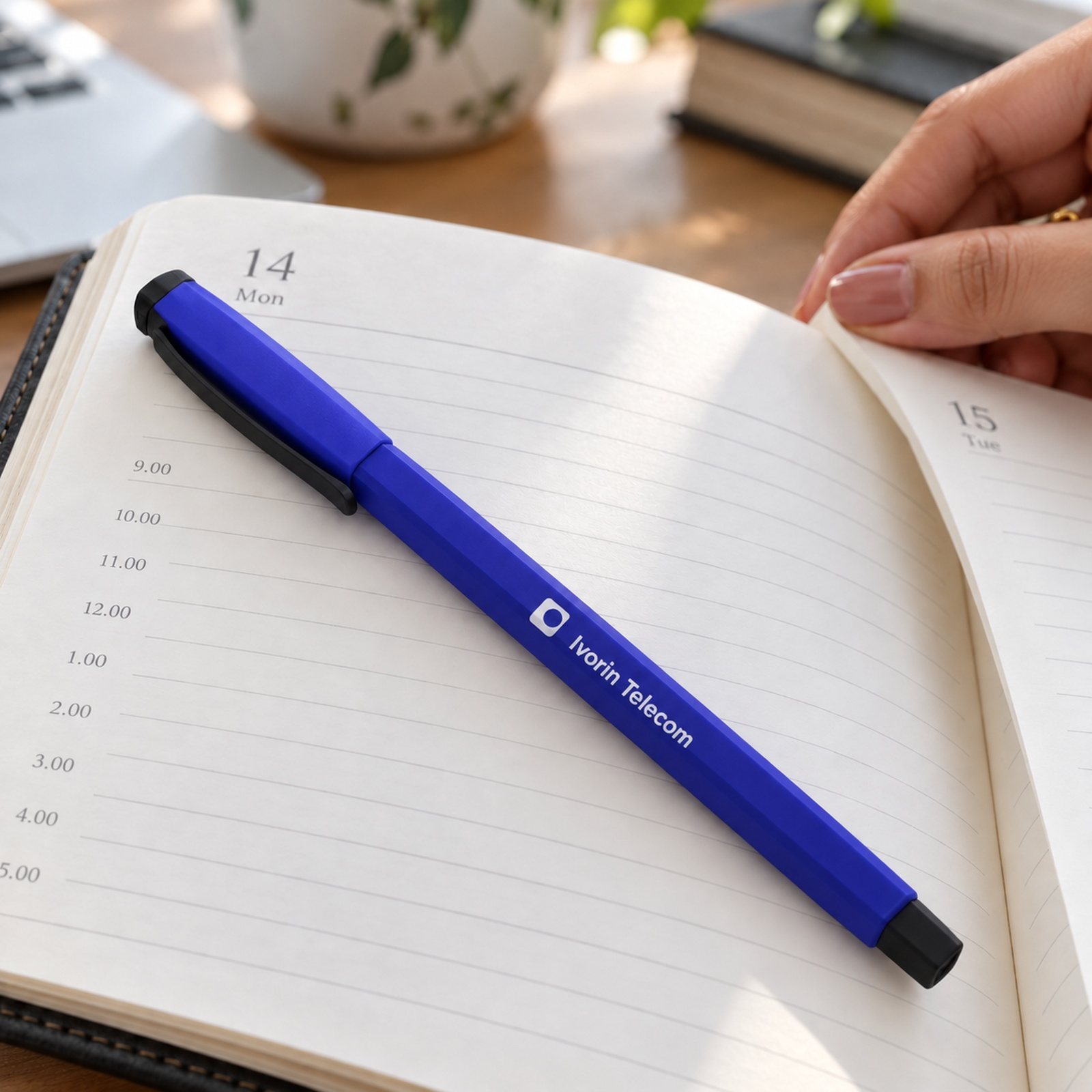 Click to zoom Faceted Capped Pen (Blue, Orange) in Blue, customised with a company logo