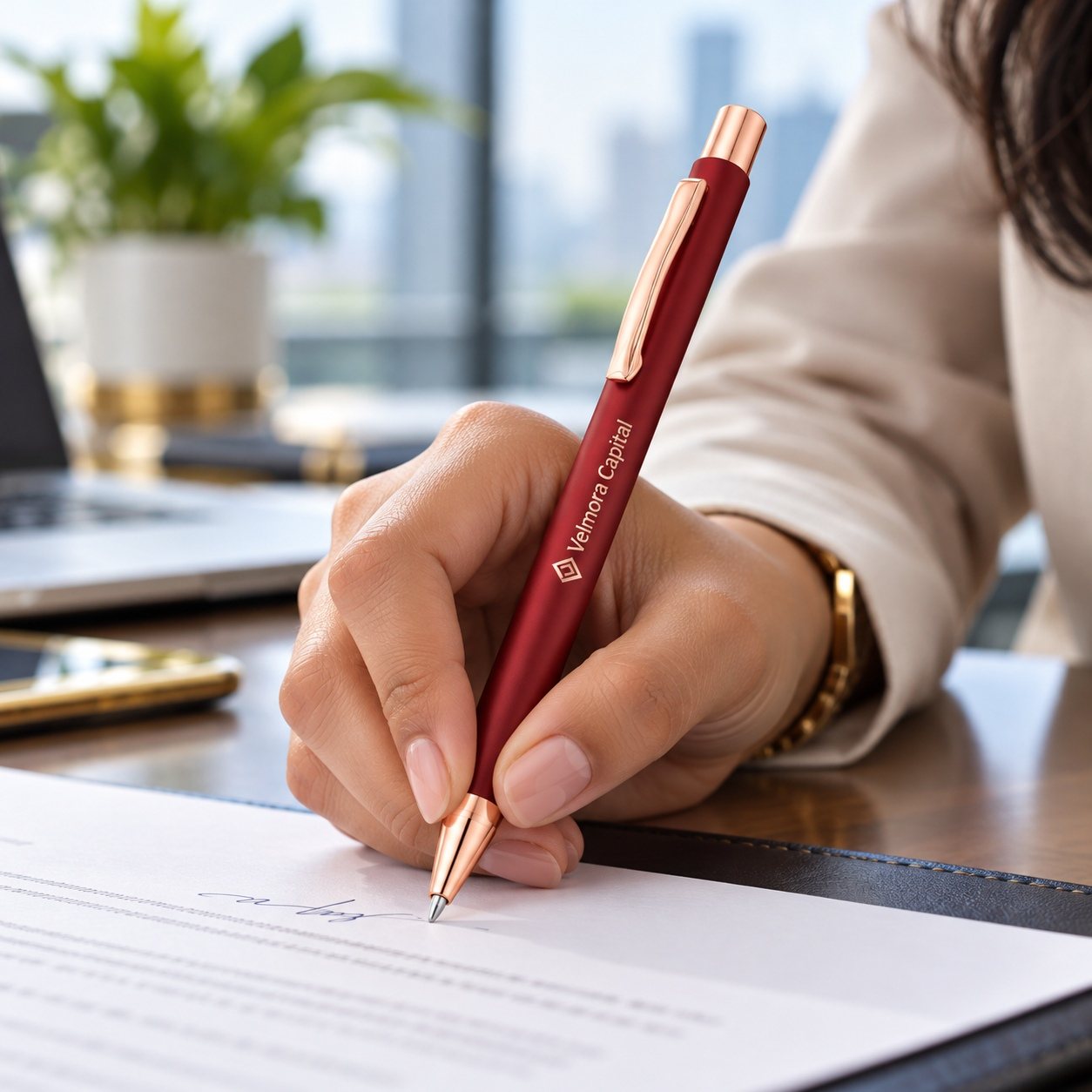 Click to zoom Metal Click Pen with Rose Gold Accents (Red, Blue) in Red, customised with a company logo
