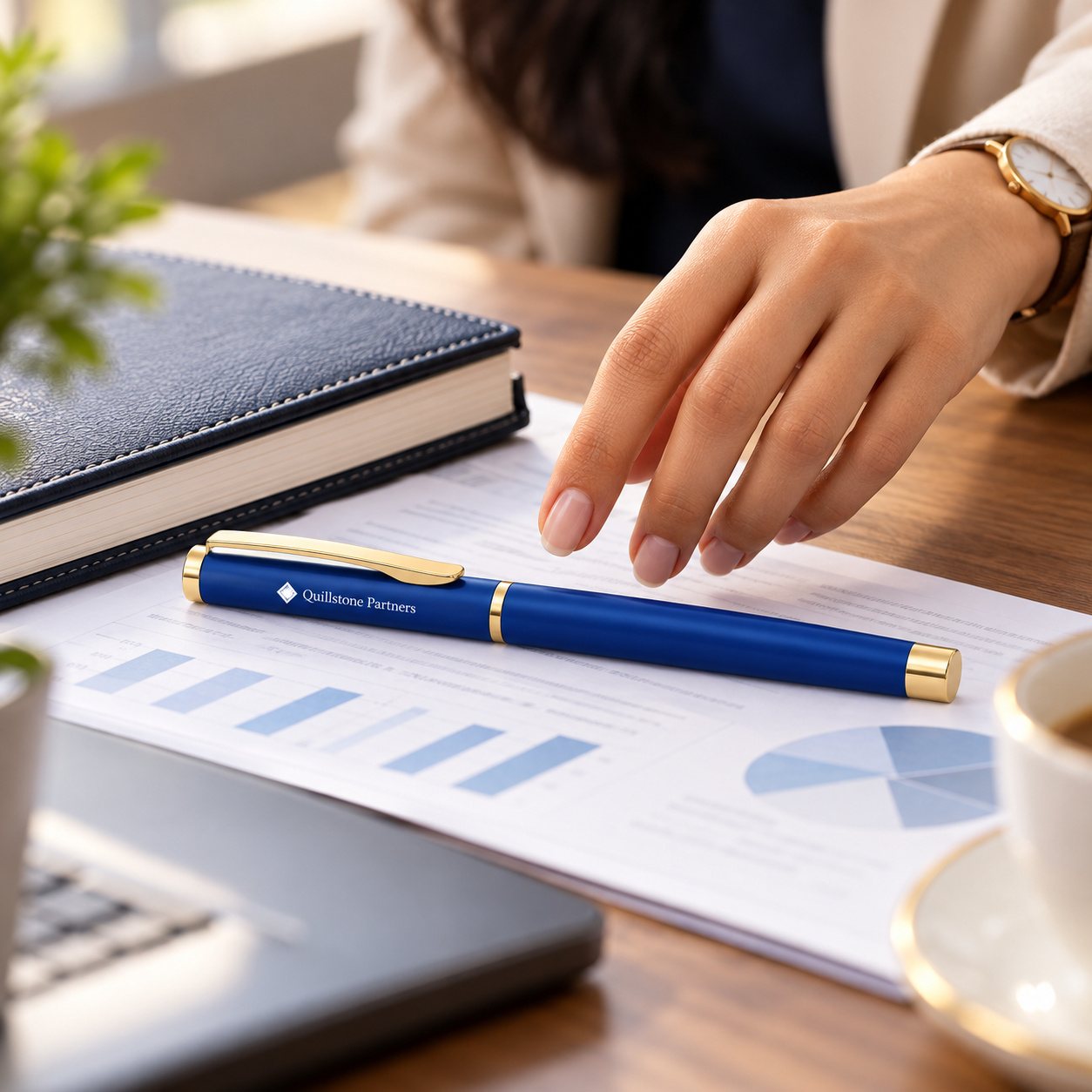 Click to zoom Blue Roller Pen with Gold Clip, customised with a company logo