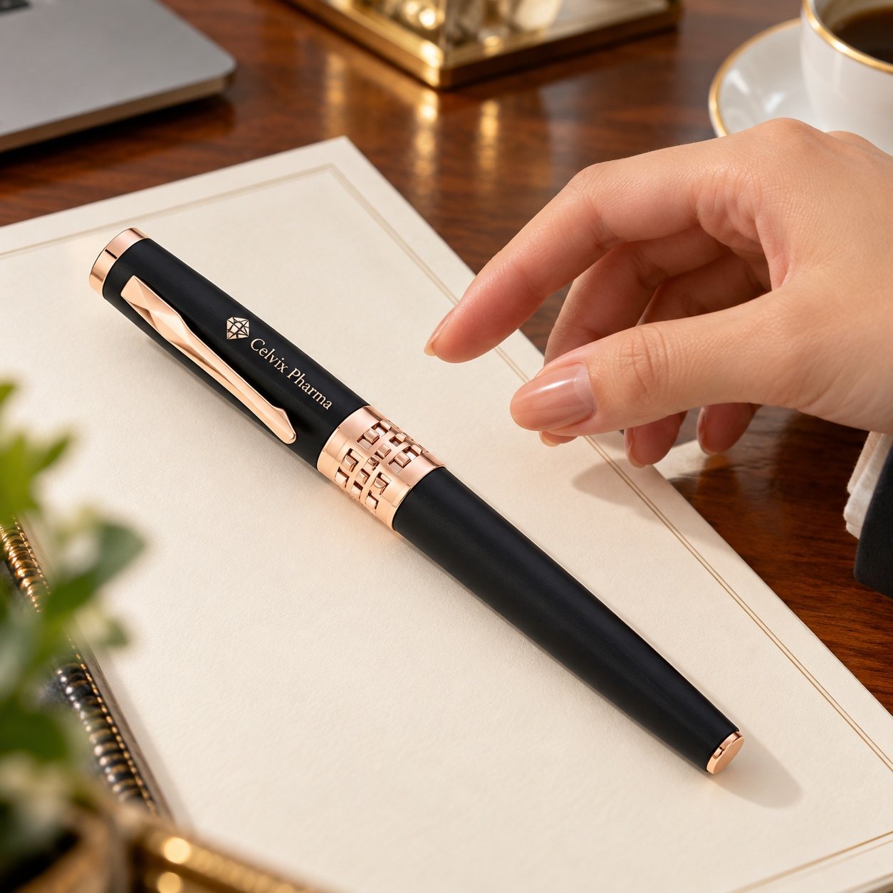 Click to zoom Black Pen with Rose Gold Filigree, customised with a company logo