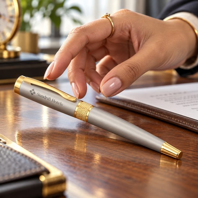 Satin Silver Roller Pen with Gold Band, customised with a company logo