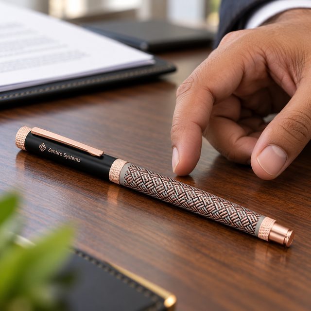 Black & Woven Rose Gold Roller Pen, customised with a company logo
