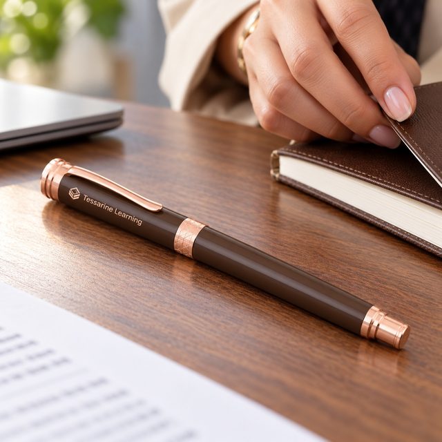 Brown & Rose Gold Roller Pen, customised with a company logo