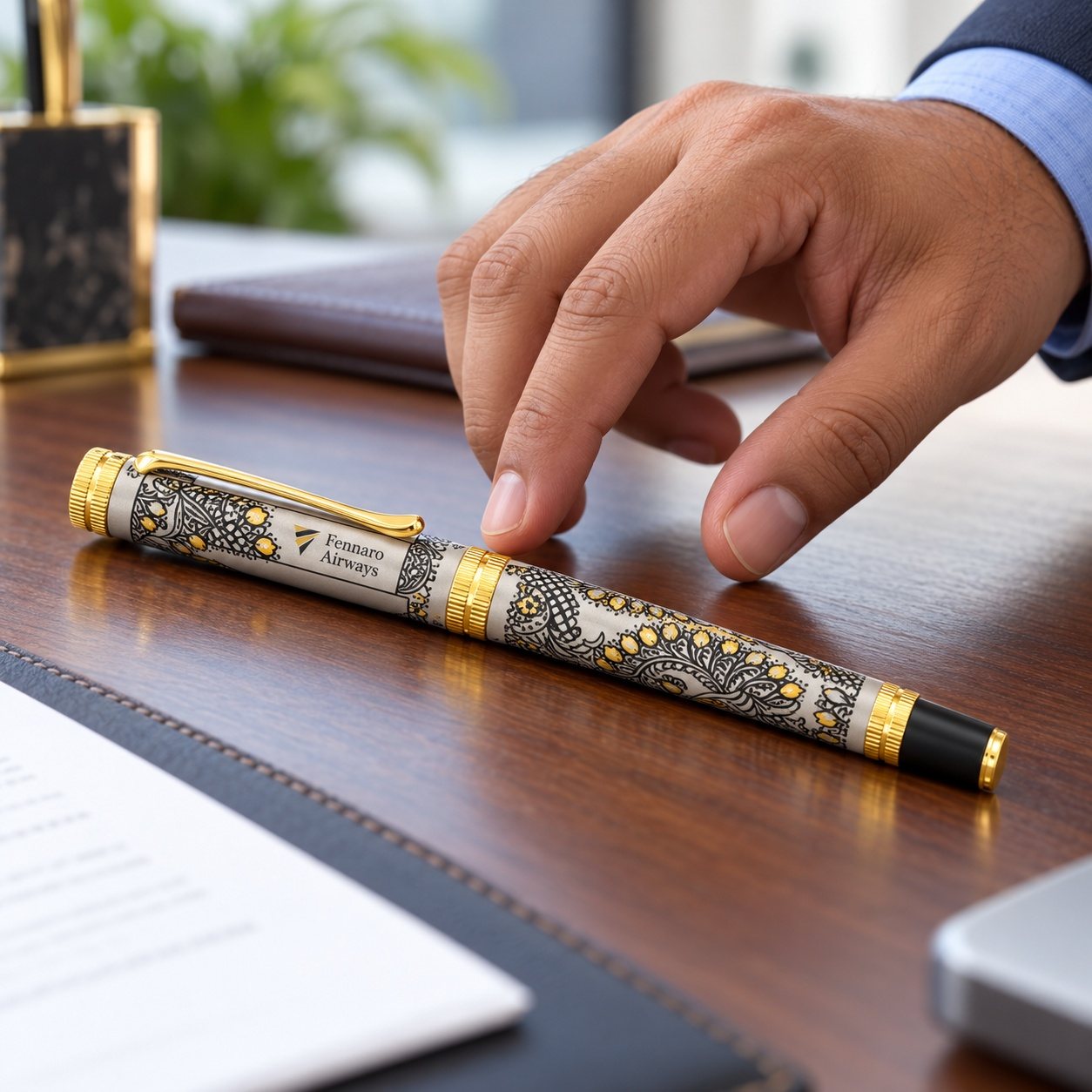 Floral-Pattern Roller Pen with Gold Trim, customised with a company logo