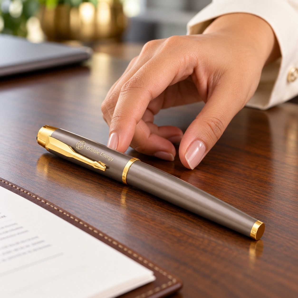 Click to zoom Two-Tone Grey & Gold Roller Pen, customised with a company logo