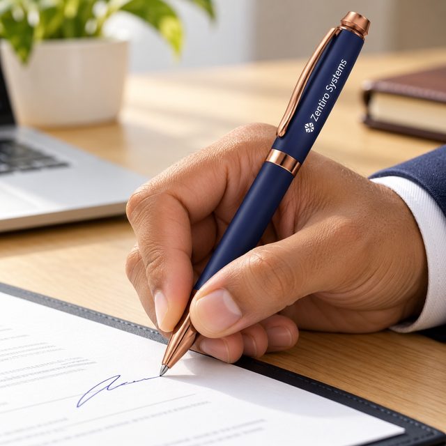 Navy Twist Pen with Copper Trim, customised with a company logo