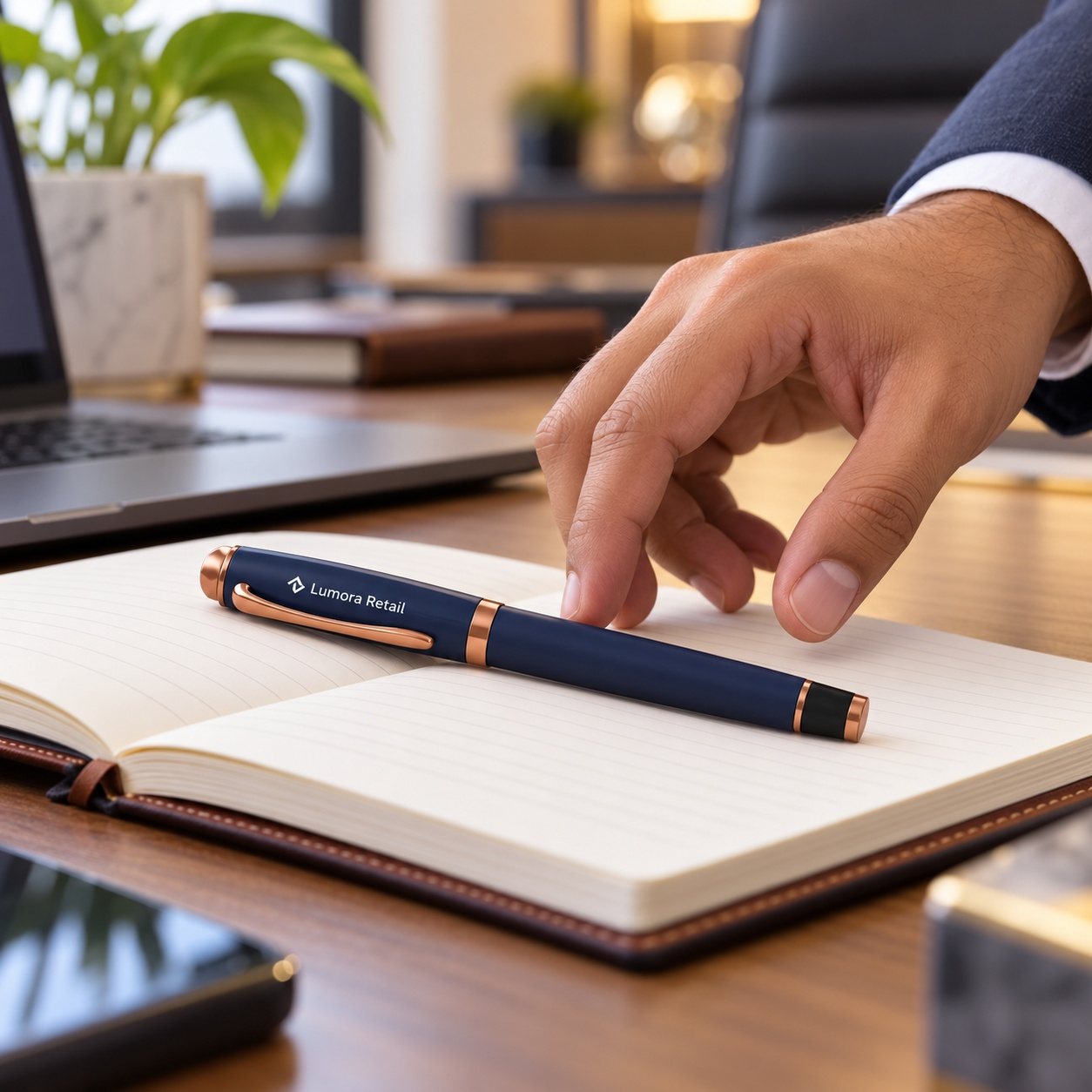 Click to zoom Navy Roller Pen with Copper Trim, customised with a company logo