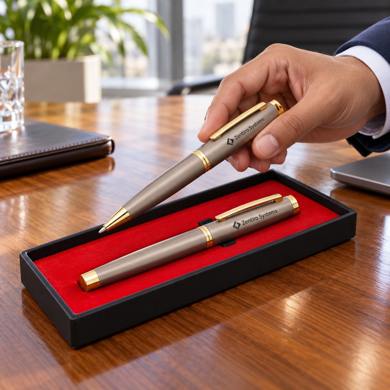 Click to zoom Satin Silver & Gold Ball & Roller Pen Set, customised with a company logo