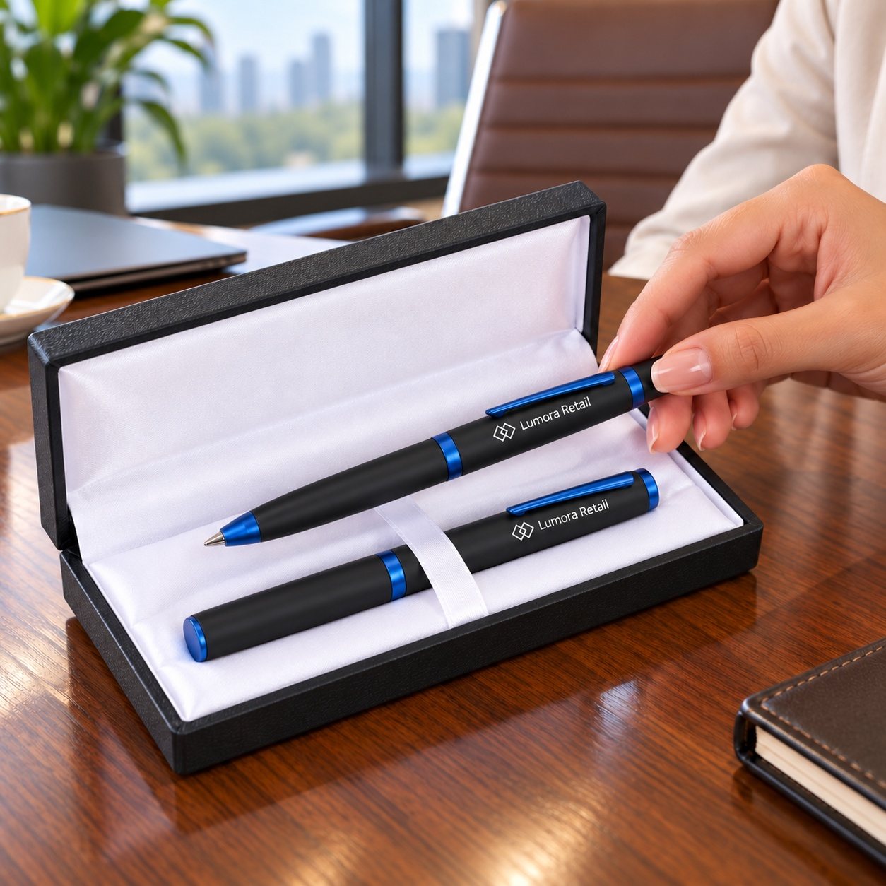 Click to zoom Black & Blue Ball & Roller Pen Set, customised with a company logo