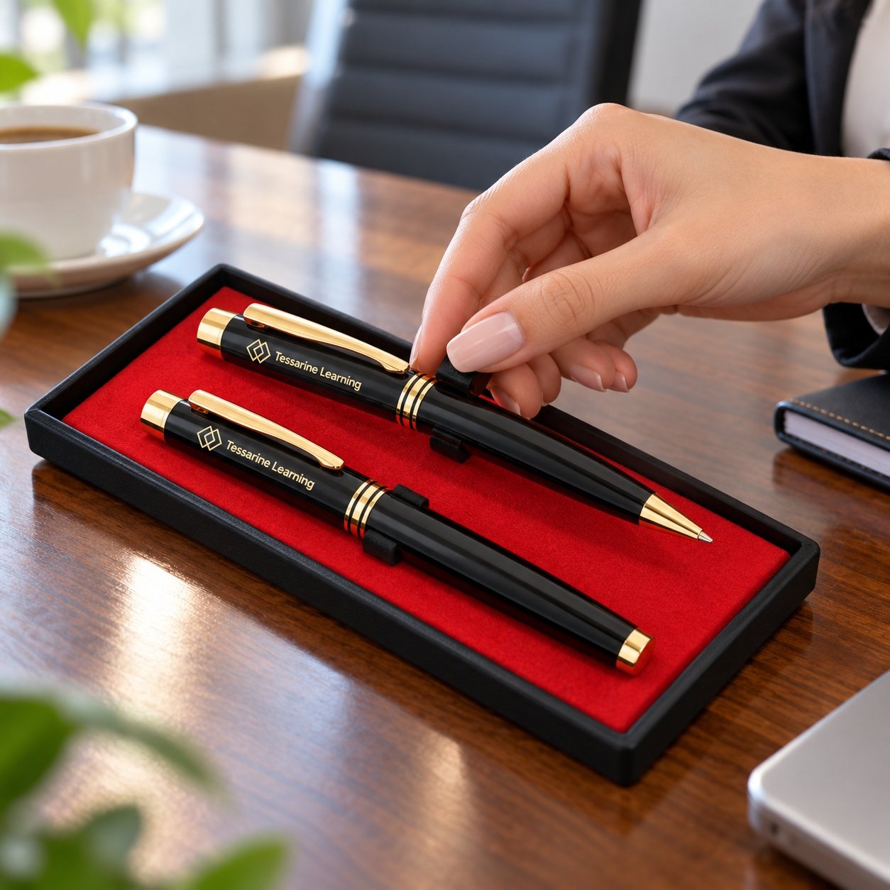 Click to zoom Black & Gold Lacquer Ball & Roller Pen Set, customised with a company logo