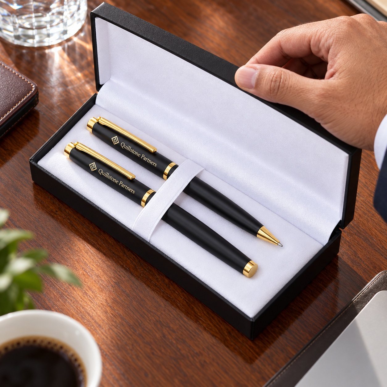 Click to zoom Matte Black & Gold Ball & Roller Pen Set, customised with a company logo