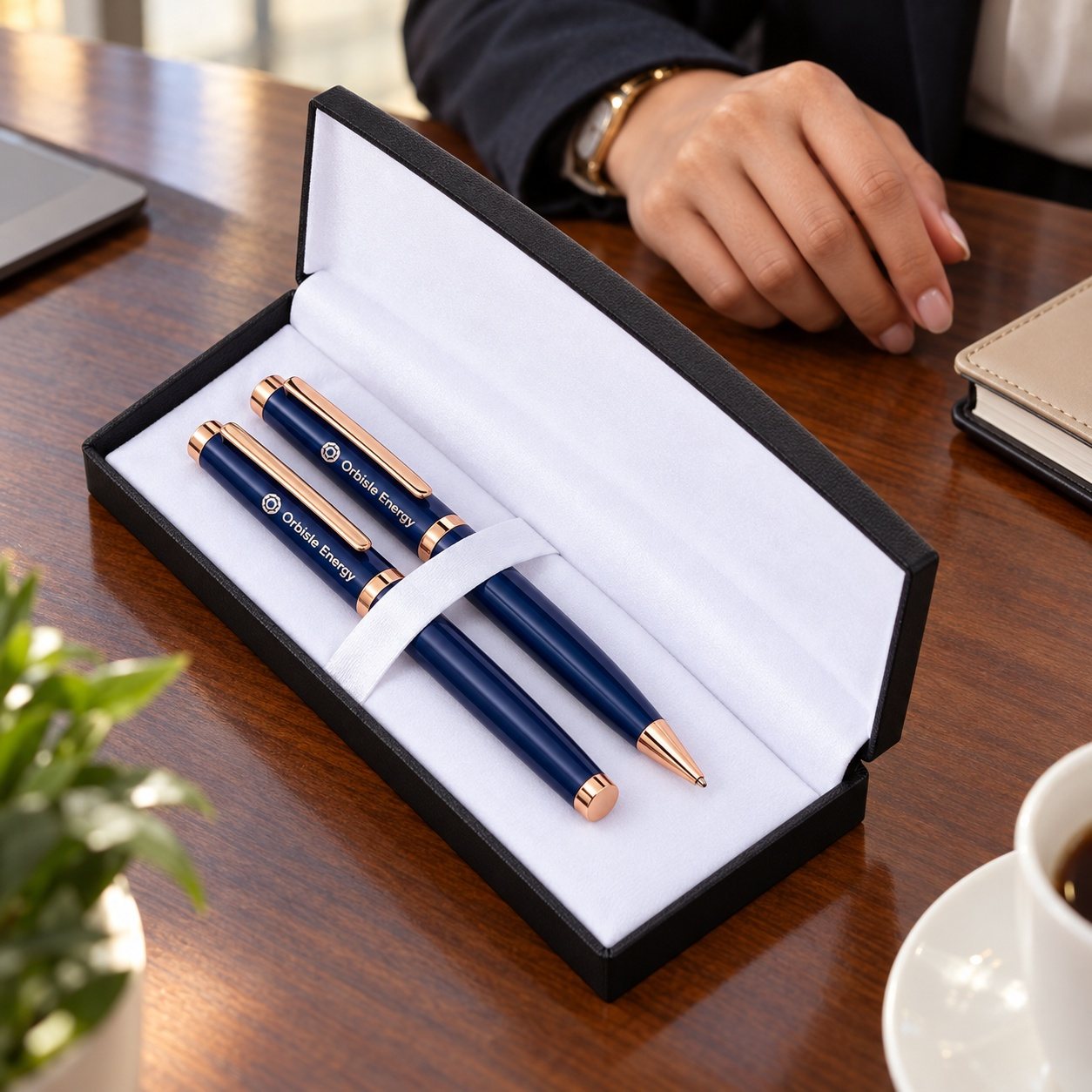 Click to zoom Navy & Rose Gold Ball & Roller Pen Set, customised with a company logo