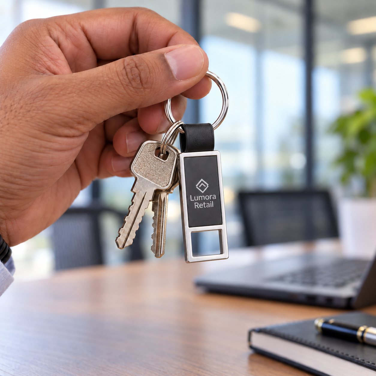 Click to zoom Silver Frame Keychain with Black Strap, customised with a company logo