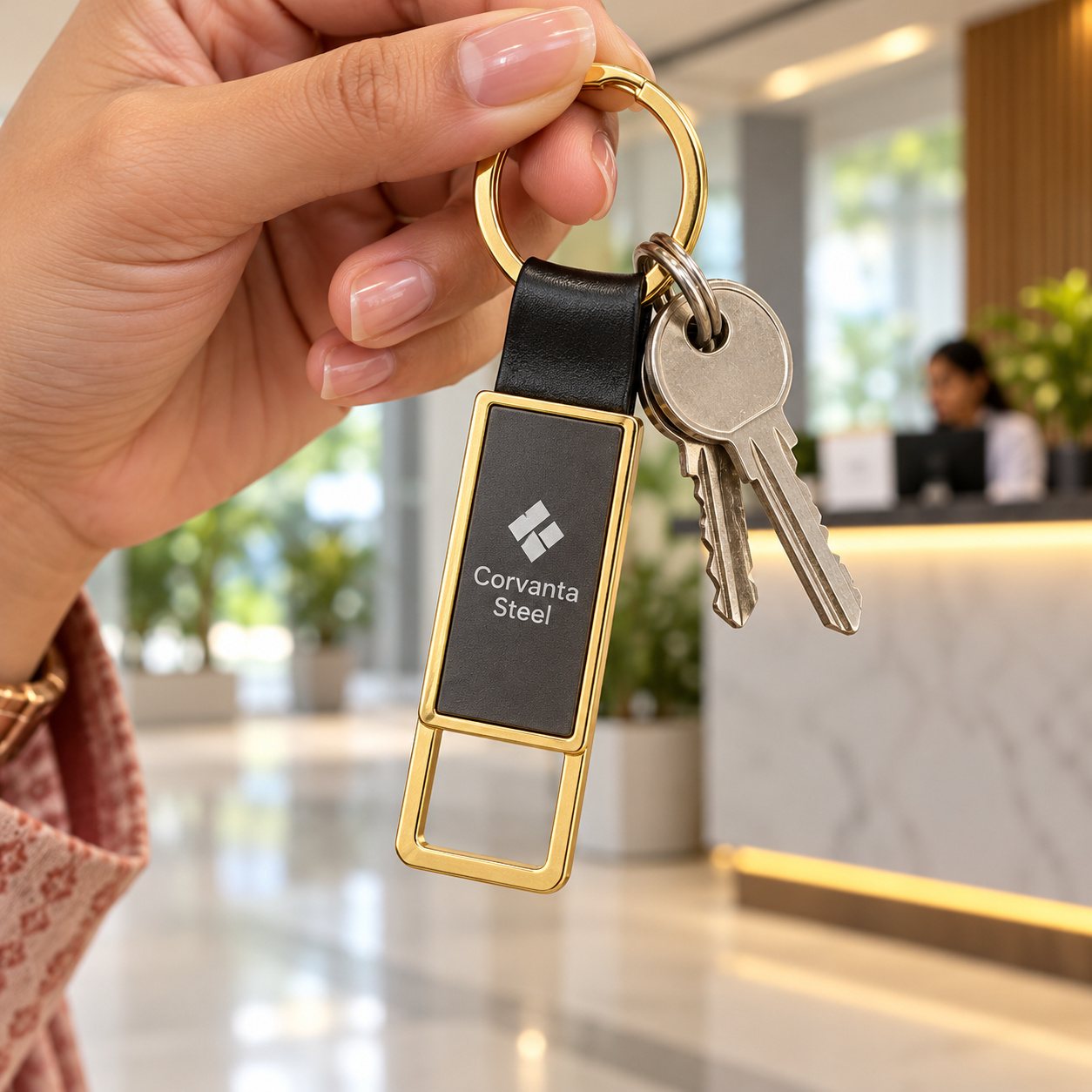 Gold Frame Keychain with Black Strap, customised with a company logo