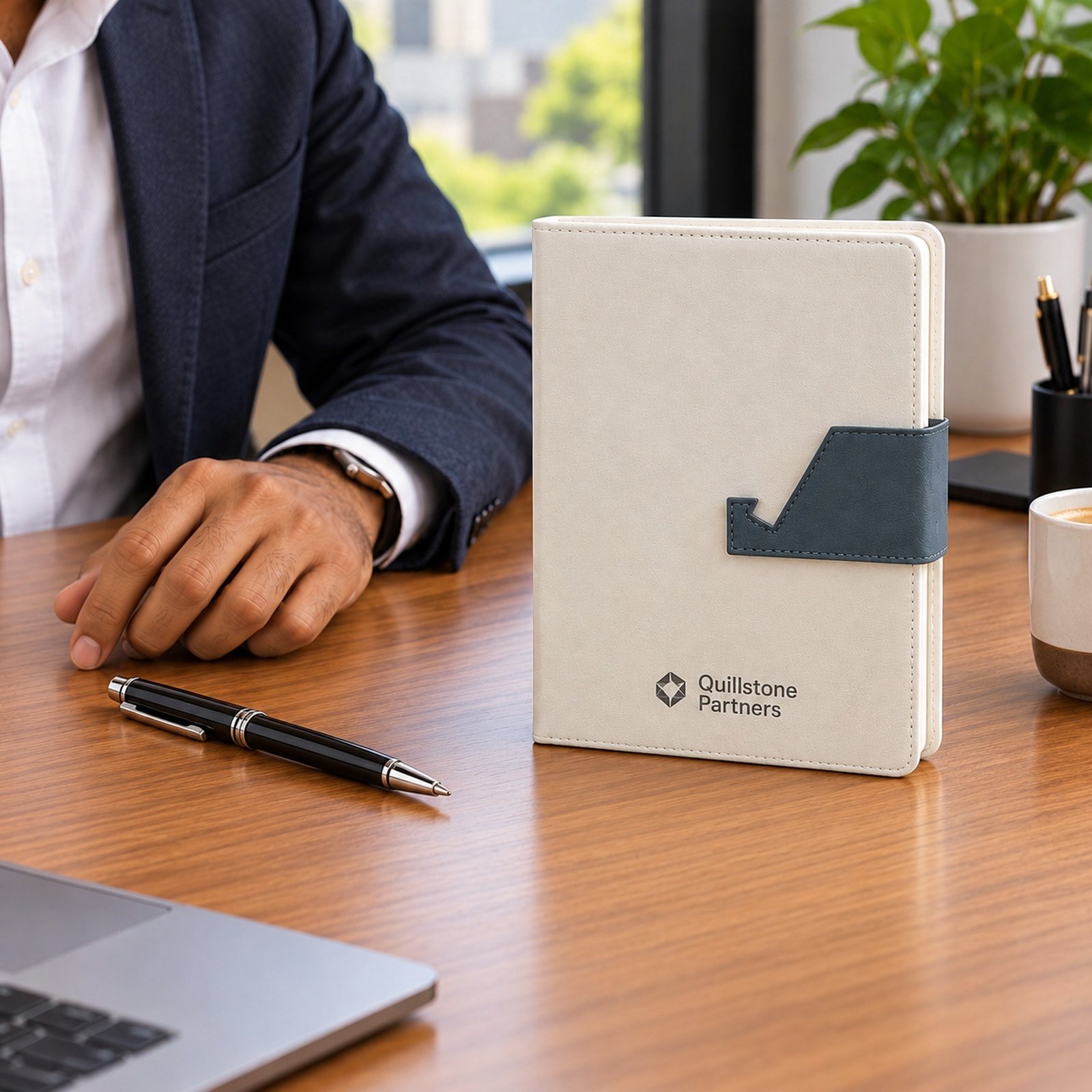 Click to zoom White A5 Notebook with Phone Stand Strap, 192 Pages, customised with a company logo