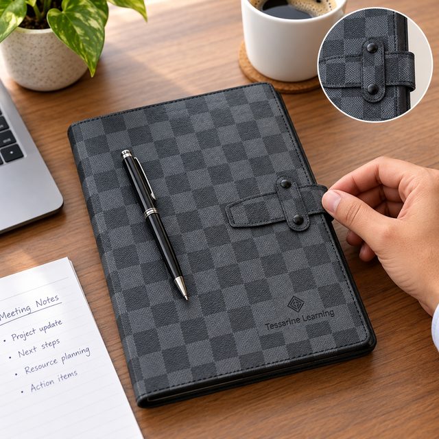 Grey Checked A5 Notebook with Strap, 192 Pages, customised with a company logo