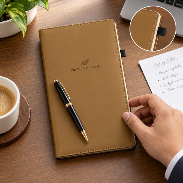 Tan B5 Notebook with Pen Loop, 192 Pages, customised with a company logo
