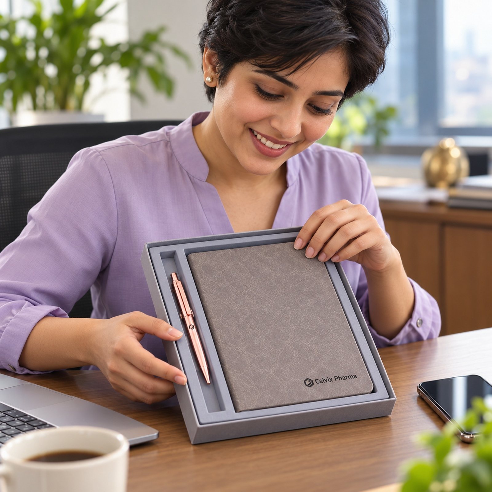 Click to zoom Grey Notebook & Rose-Gold Pen Gift Set in NoteBook, customised with a company logo