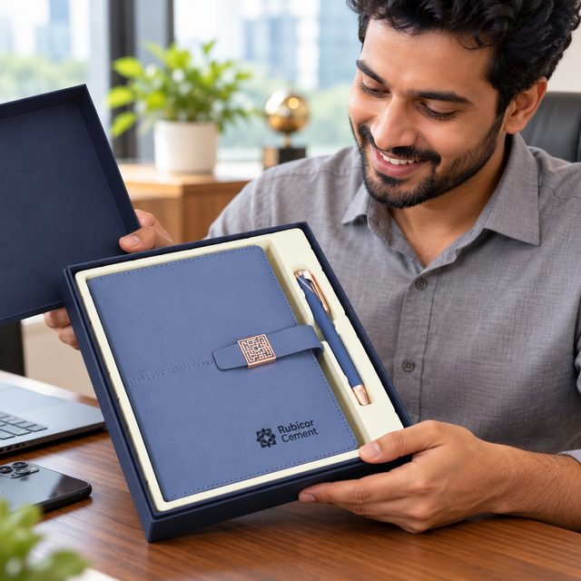 Blue Notebook with Clasp & Pen Gift Set, customised with a company logo