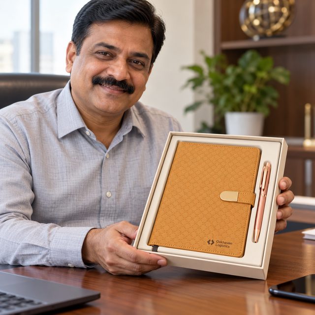 Mustard Notebook with Tab Closure & Pen Gift Set, customised with a company logo