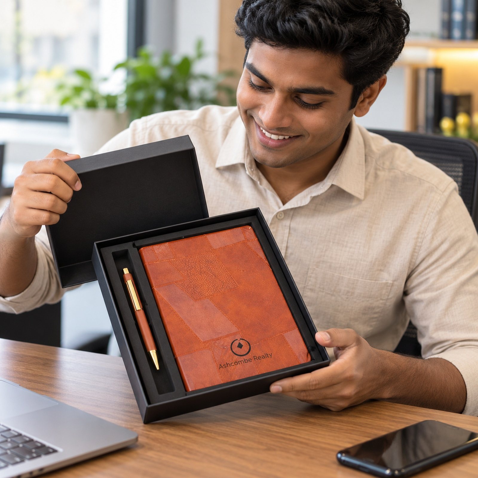 Click to zoom Rust Patchwork Notebook & Pen Gift Set in NoteBook, customised with a company logo