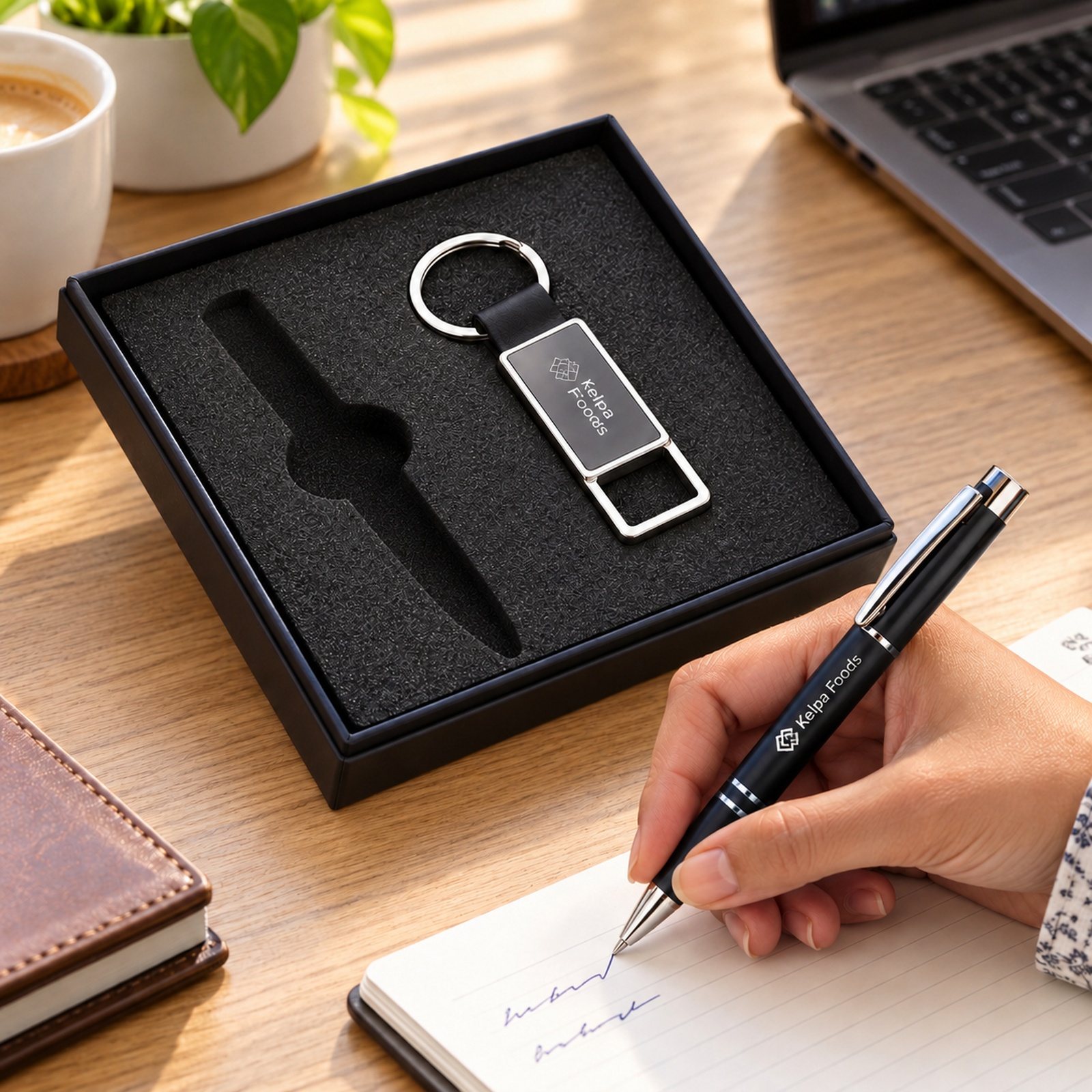 Click to zoom Black Pen & Leatherette Keychain Gift Set in Pen, customised with a company logo