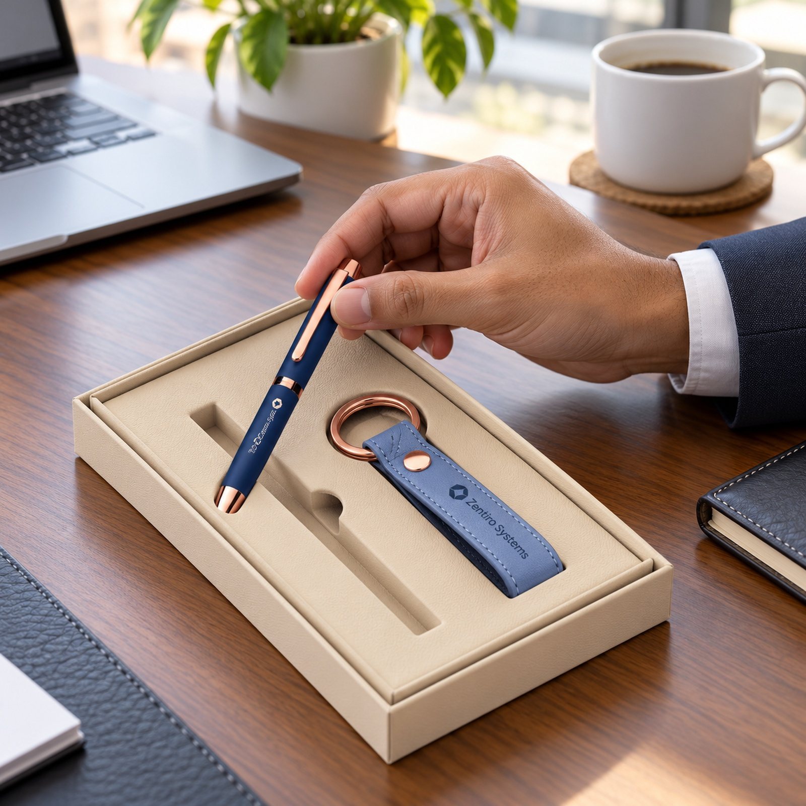 Navy Pen & Blue Leather Keychain Gift Set, customised with a company logo
