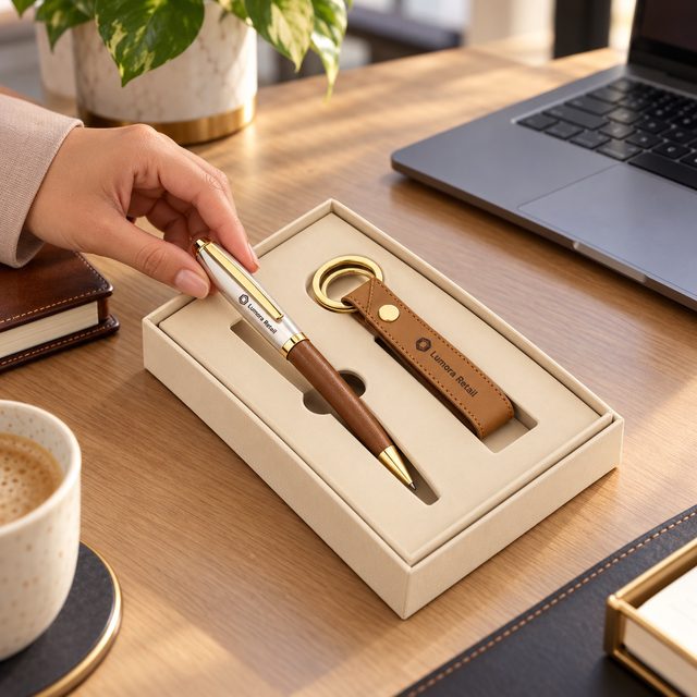 Tan Leather Keychain & Two-Tone Pen Gift Set, customised with a company logo