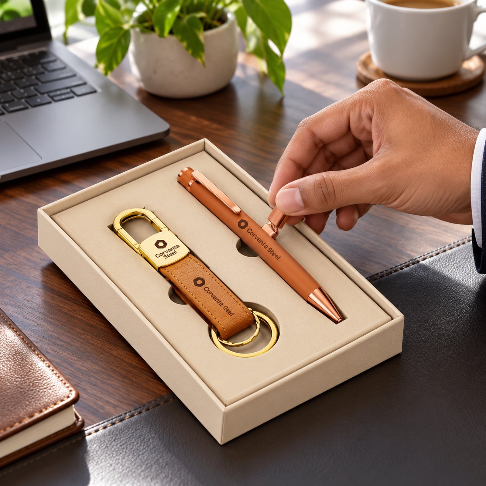 Click to zoom Tan Leather Keychain & Copper Pen Gift Set, customised with a company logo