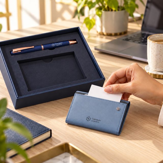 Blue Card Holder & Navy Pen Gift Set in Credit Card Holder, customised with a company logo