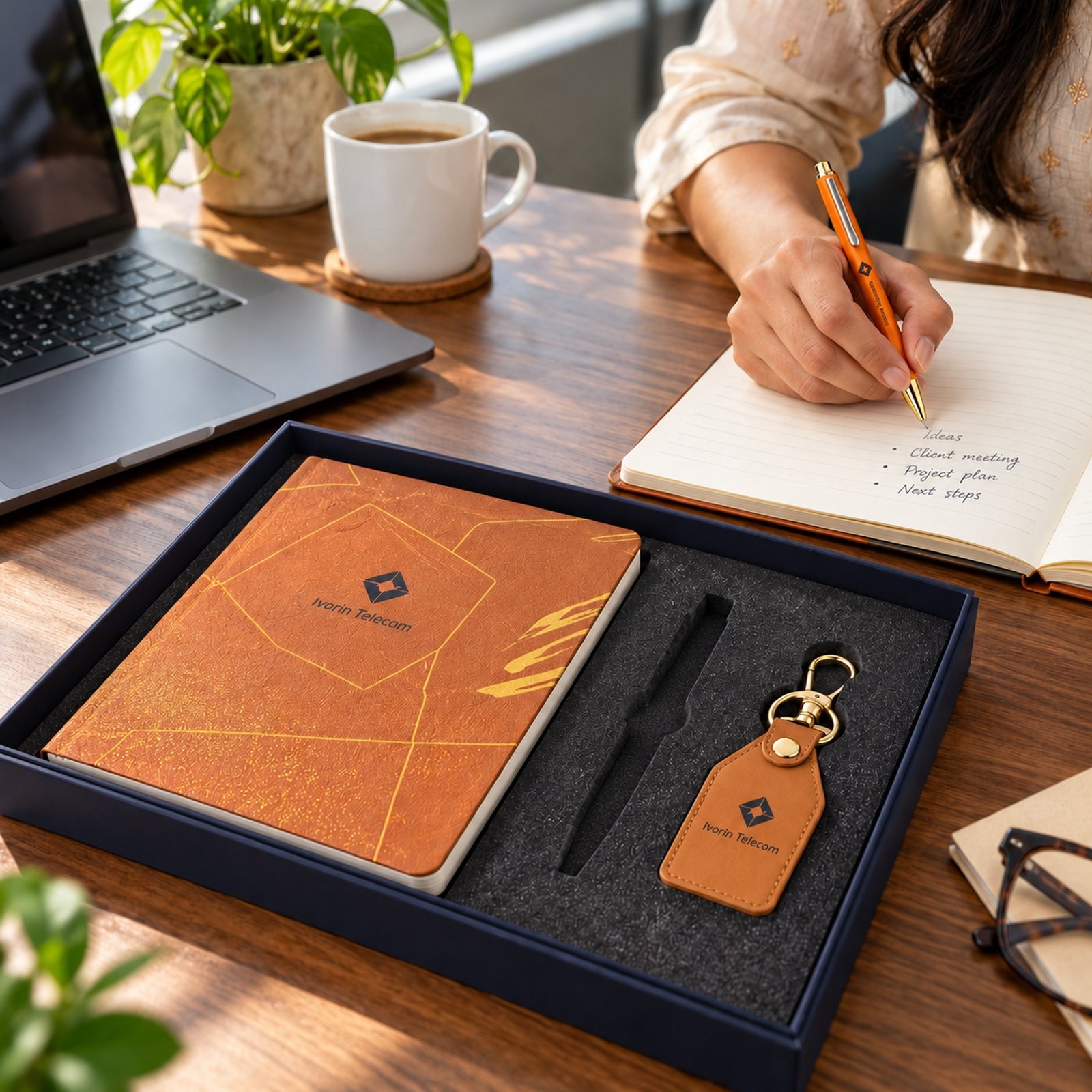 Tan A5 Notebook, Pen & Keychain Gift Set in Pen, customised with a company logo
