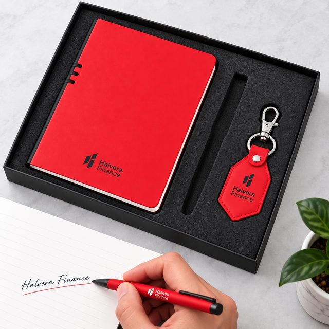 Red A5 Notebook, Pen & Keychain Gift Set in Pen, customised with a company logo