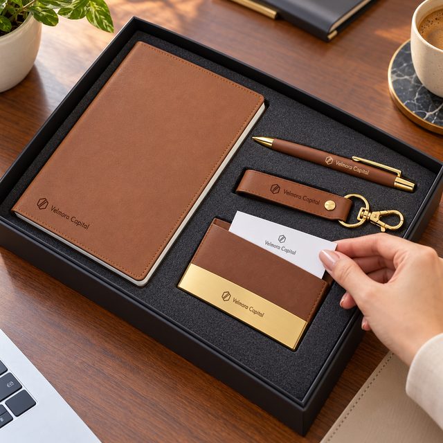 Brown A5 Notebook, Pen, Card Holder & Keychain Gift Set, customised with a company logo