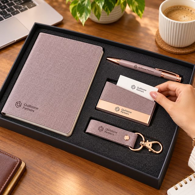 Woven-Texture A5 Notebook, Pen, Card Holder & Keychain Gift Set, customised with a company logo